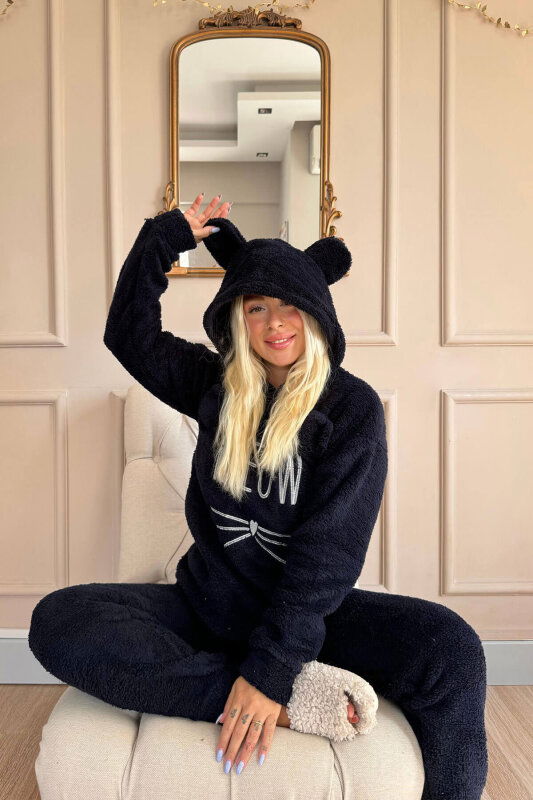 Lacivert Meow Desenli Tam Peluş Pijama Takımı - Pijamaevi (1)