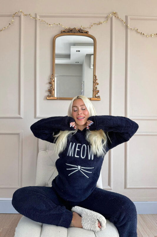 Lacivert Meow Desenli Tam Peluş Pijama Takımı - Pijamaevi (2)