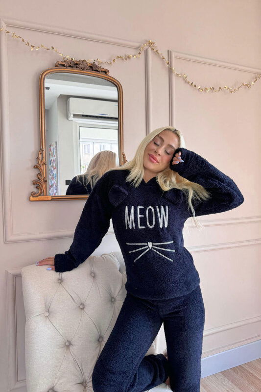 Lacivert Meow Desenli Tam Peluş Pijama Takımı - Pijamaevi (3)