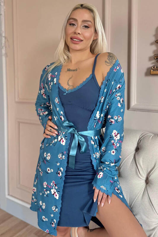 Lacivert Midnight Exclusive Örme Sabahlıklı Gecelik Kadın Pijama Takımı - Pijamaevi