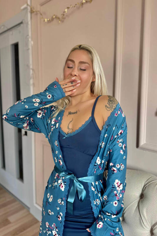 Lacivert Midnight Exclusive Örme Sabahlıklı Gecelik Kadın Pijama Takımı - Pijamaevi (1)