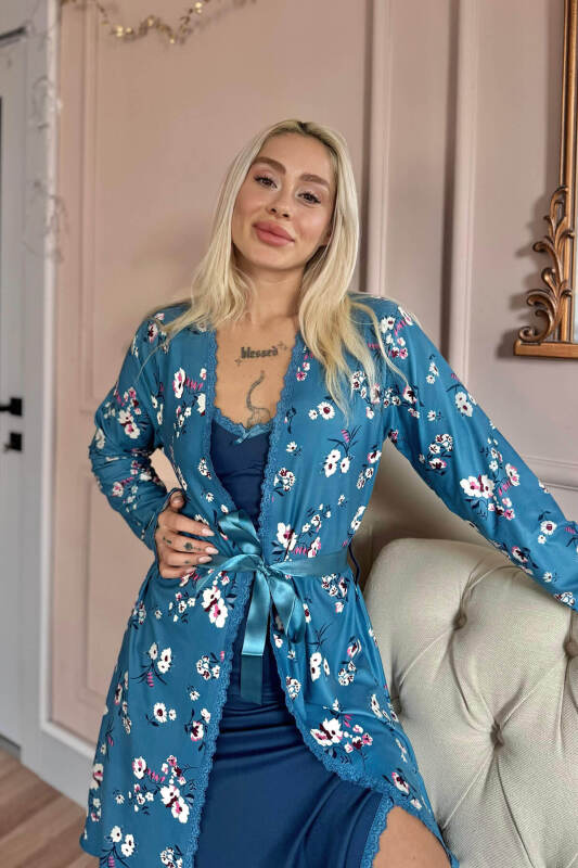 Lacivert Midnight Exclusive Örme Sabahlıklı Gecelik Kadın Pijama Takımı - Pijamaevi (2)