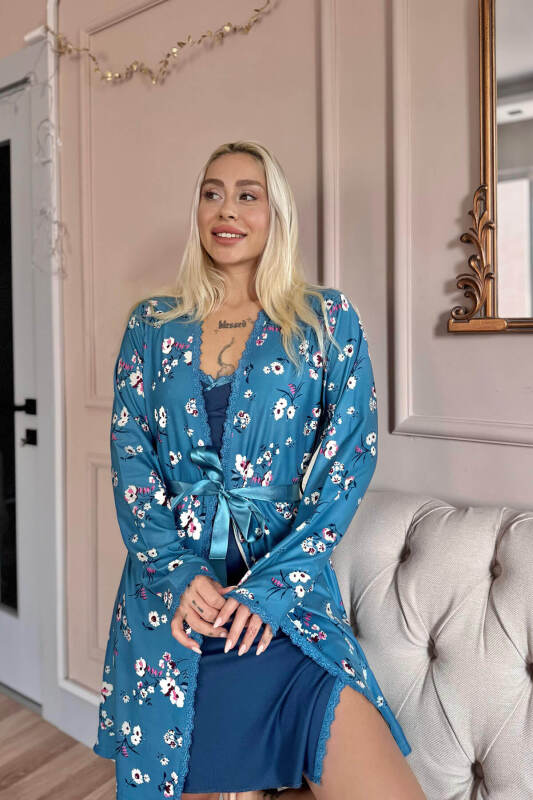 Lacivert Midnight Exclusive Örme Sabahlıklı Gecelik Kadın Pijama Takımı - Pijamaevi (3)