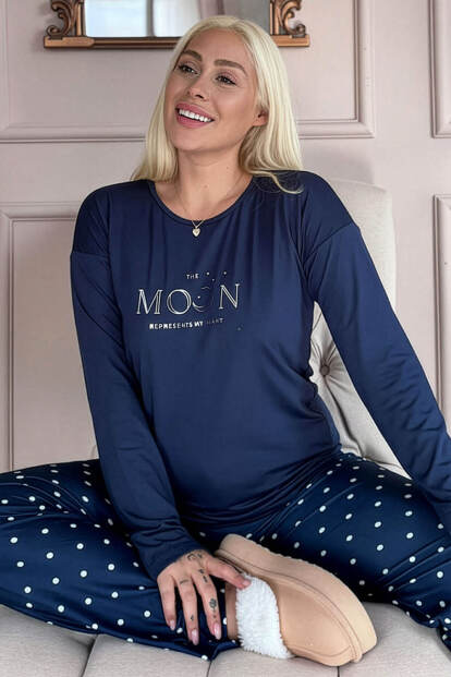 Lacivert Moon Desenli Bambu Uzun Kol Kadın Pijama Takımı - 1