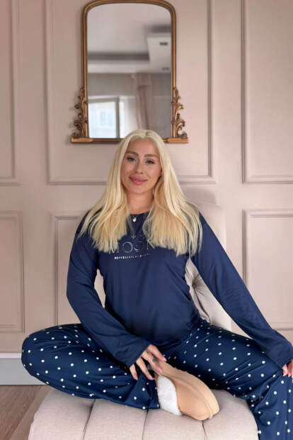 Lacivert Moon Desenli Bambu Uzun Kol Kadın Pijama Takımı - 2
