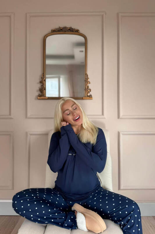 Lacivert Moon Desenli Bambu Uzun Kol Kadın Pijama Takımı - Pijamaevi (2)