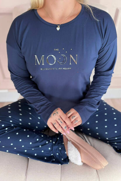 Lacivert Moon Desenli Bambu Uzun Kol Kadın Pijama Takımı - 4