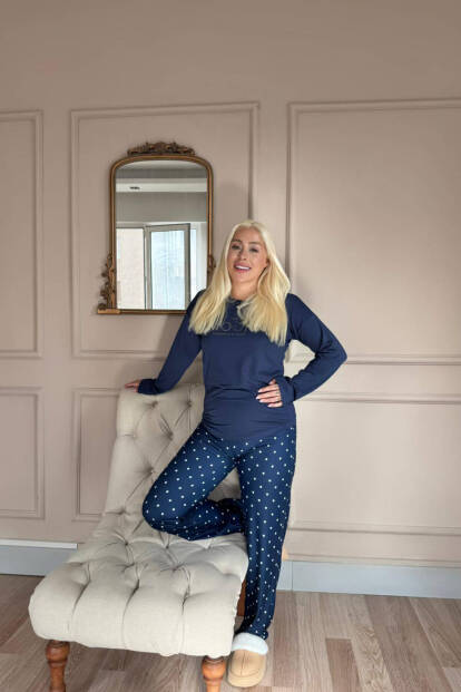 Lacivert Moon Desenli Bambu Uzun Kol Kadın Pijama Takımı - 5