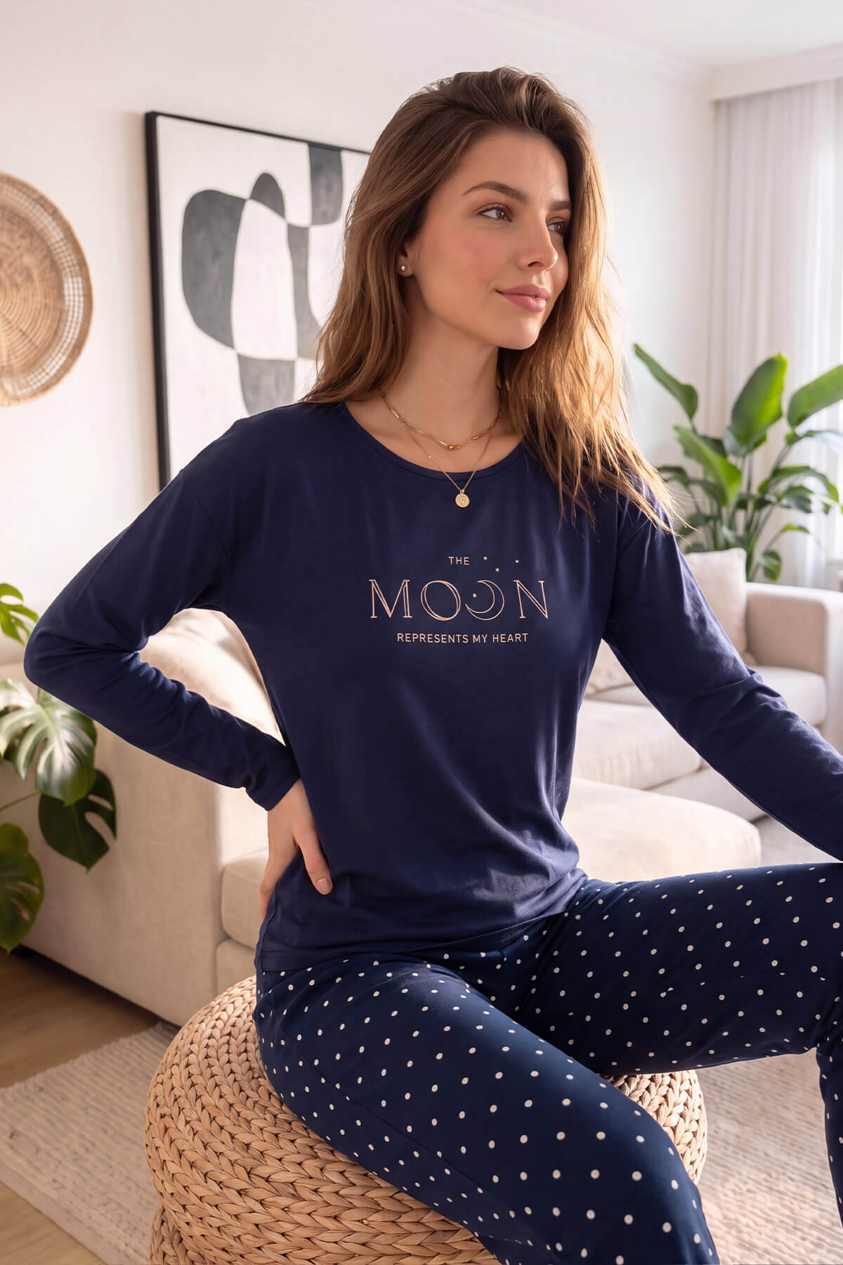 Lacivert Moon Desenli Bambu Uzun Kol Kadın Pijama Takımı - Pijamaevi (1)