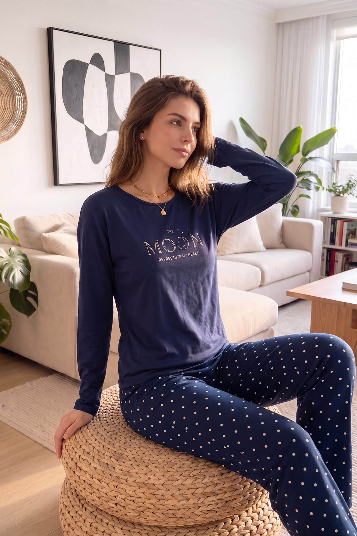 Lacivert Moon Desenli Bambu Uzun Kol Kadın Pijama Takımı - Pijamaevi (3)