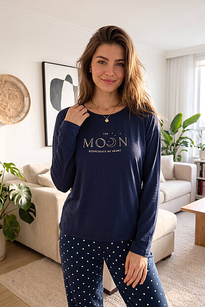 Lacivert Moon Desenli Bambu Uzun Kol Kadın Pijama Takımı - 6
