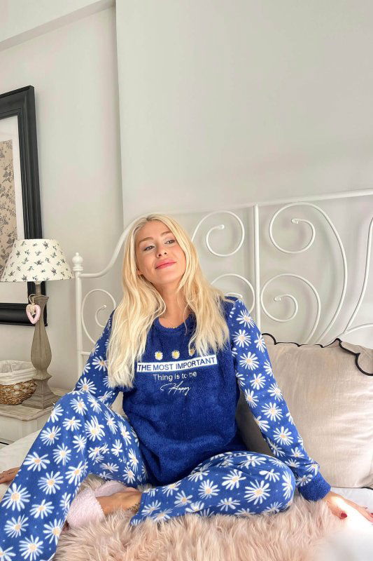 Lacivert Most Thing Desenli Kadın Peluş Pijama Takımı - Pijamaevi (3)