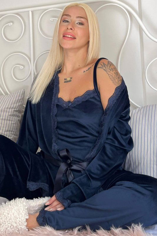 Lacivert Navy Exclusive Kadife Sabahlıklı Kadın Pijama Takımı  - Pijamaevi