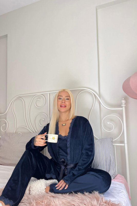 Lacivert Navy Exclusive Kadife Sabahlıklı Kadın Pijama Takımı  - Pijamaevi (2)