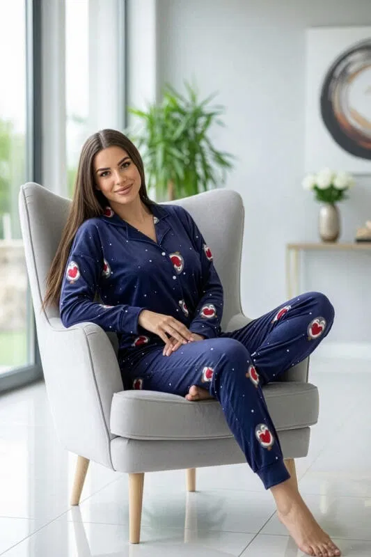 Lacivert Nordic Desenli Exclusive Önden Düğmeli Kadife Kadın Pijama Takımı - Pijamaevi (1)