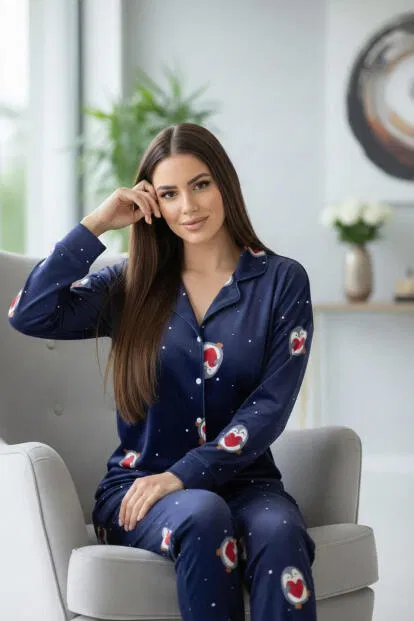 Lacivert Nordic Desenli Exclusive Önden Düğmeli Kadife Kadın Pijama Takımı - 3