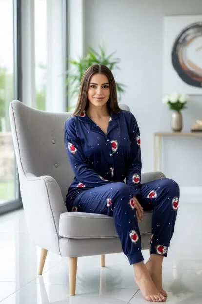 Lacivert Nordic Desenli Exclusive Önden Düğmeli Kadife Kadın Pijama Takımı - 4