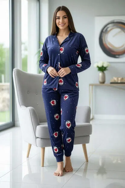 Lacivert Nordic Desenli Exclusive Önden Düğmeli Kadife Kadın Pijama Takımı - 5