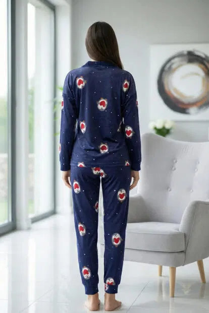 Lacivert Nordic Desenli Exclusive Önden Düğmeli Kadife Kadın Pijama Takımı - 6