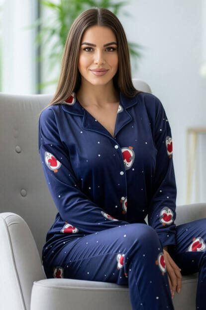 Lacivert Nordic Desenli Exclusive Önden Düğmeli Kadife Kadın Pijama Takımı - 7