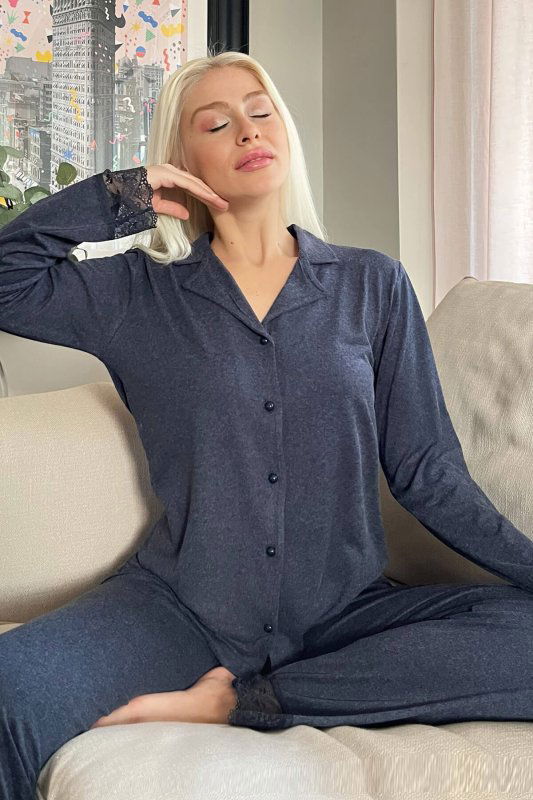 Lacivert Önden Düğmeli Bambu Uzun Kol Pijama Takımı - Pijamaevi
