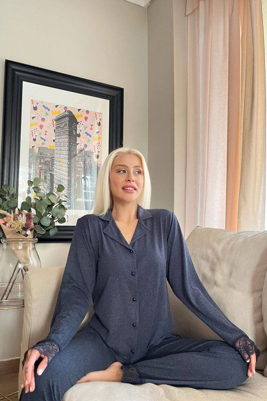 Lacivert Önden Düğmeli Bambu Uzun Kol Pijama Takımı - Pijamaevi (2)