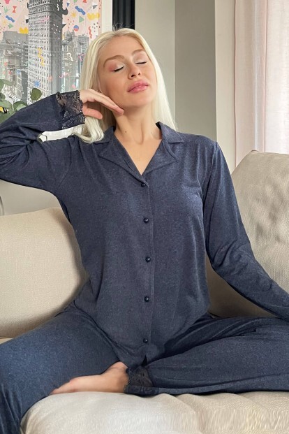Lacivert Önden Düğmeli Bambu Uzun Kol Pijama Takımı - 6