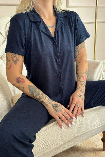 Lacivert Önden Düğmeli Kısa Kol Örme Kadın Pijama - 4