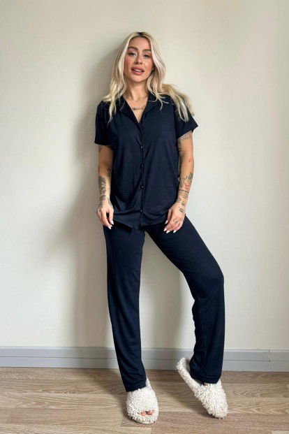 Lacivert Önden Düğmeli Kısa Kol Örme Kadın Pijama - 5