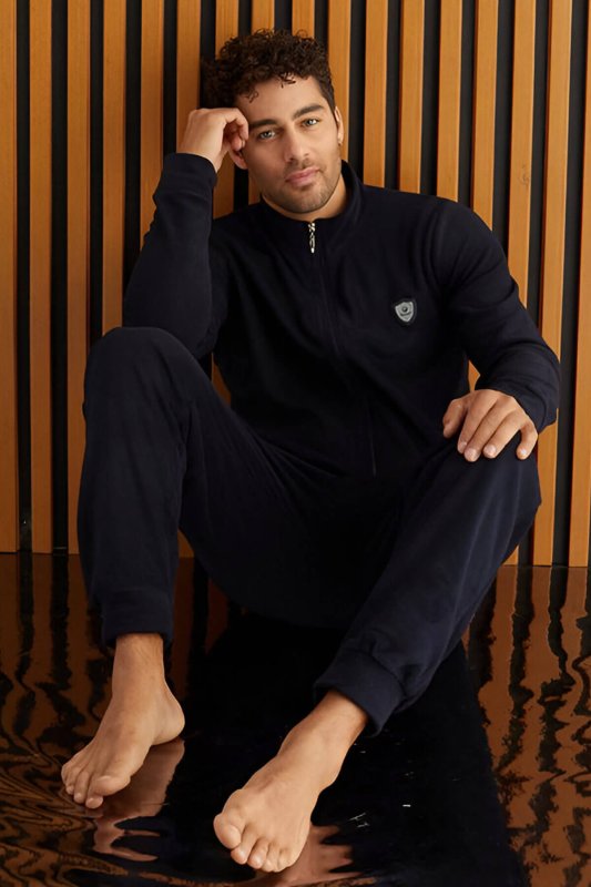 Lacivert Önden Fermuarlı Uzun Kollu Polar Erkek Pijama Takımı - Pijamaevi