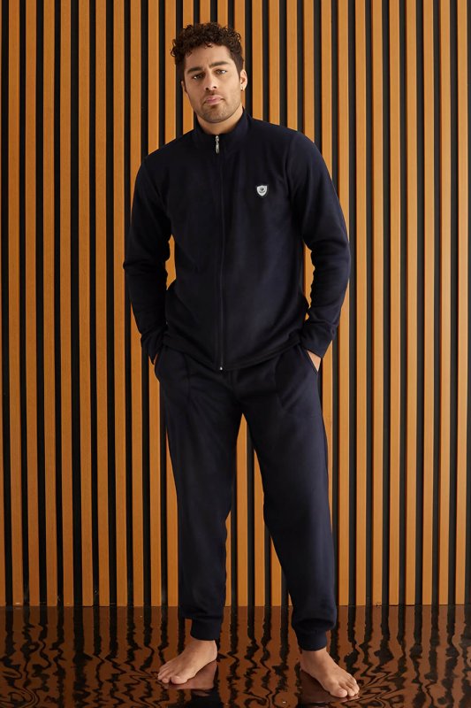 Lacivert Önden Fermuarlı Uzun Kollu Polar Erkek Pijama Takımı - Pijamaevi (1)