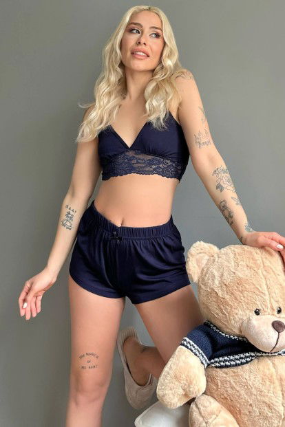 Lacivert Örme Bralet Şortlu Takım - 1