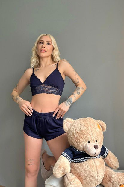 Lacivert Örme Bralet Şortlu Takım - 2