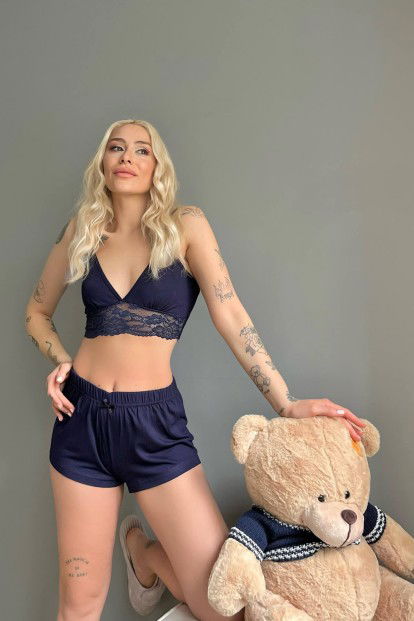 Lacivert Örme Bralet Şortlu Takım - 3