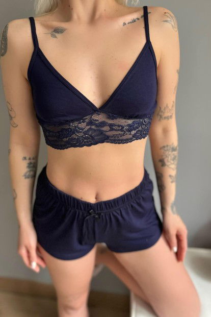 Lacivert Örme Bralet Şortlu Takım - 4