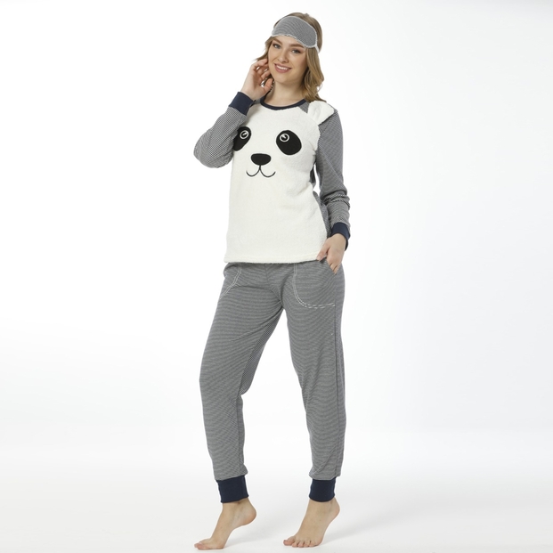 Lacivert Panda Desenli Uzun Kollu Manşetli Kadın Pijama Takımı - 1