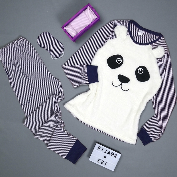 Lacivert Panda Desenli Uzun Kollu Manşetli Kadın Pijama Takımı - 2