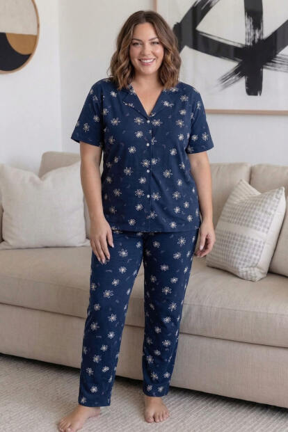 Lacivert Papatya Desenli Büyük Beden Kısa Kollu Önden Düğmeli Bambu Kadın Pijama Takımı - 5