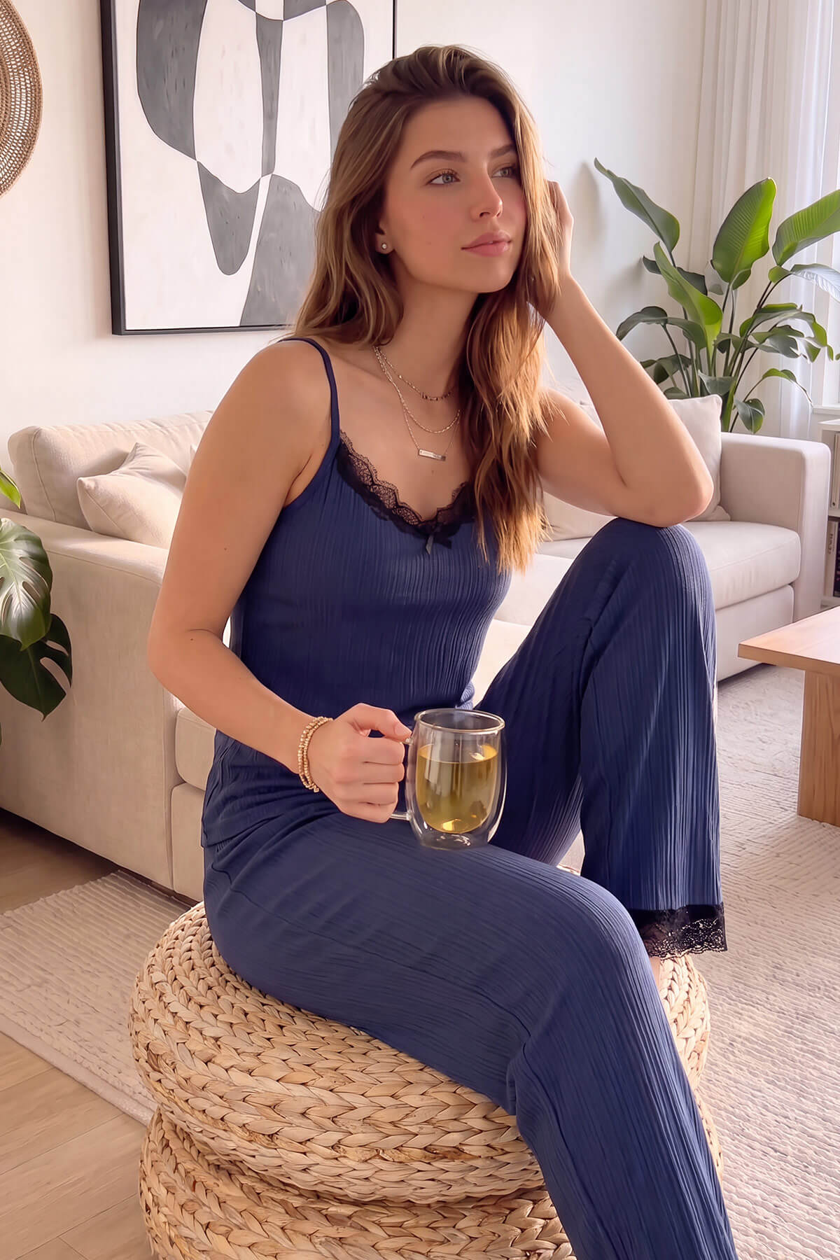 Lacivert Pegasus Dantel Detaylı Ip Askı Örme Pijama Takımı - Pijamaevi