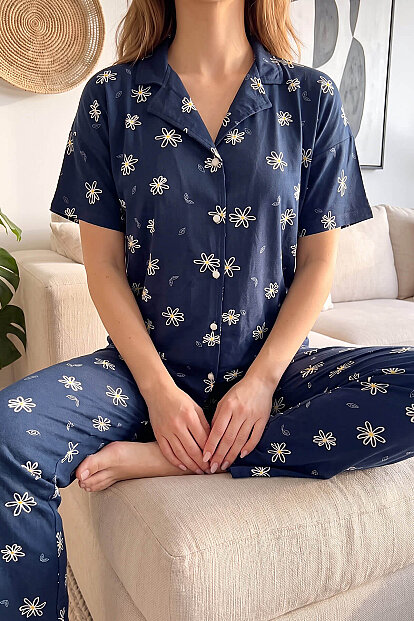 Lacivert Soft Daisy Desenli Bambu Önden Düğmeli Kısa Kol Pijama Takımı - 5