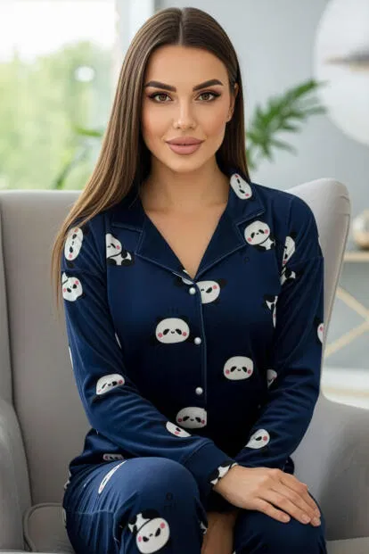 Lacivert Pengiu Desenli Exclusive Önden Düğmeli Kadife Kadın Pijama Takımı 