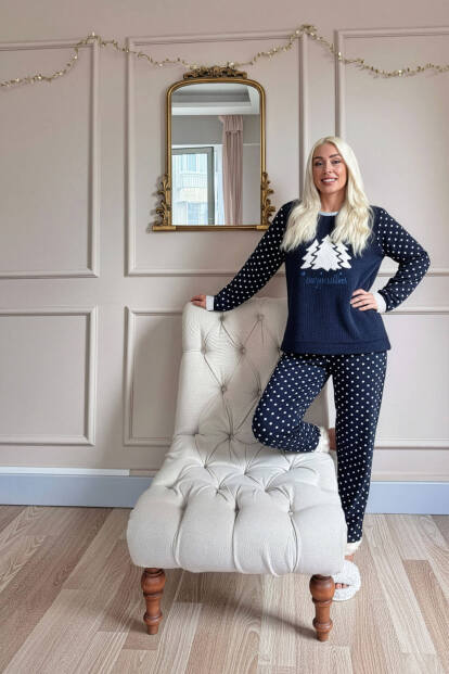 Lacivert Pine Tree Desenli Kadın Peluş Pijama Takımı - 5