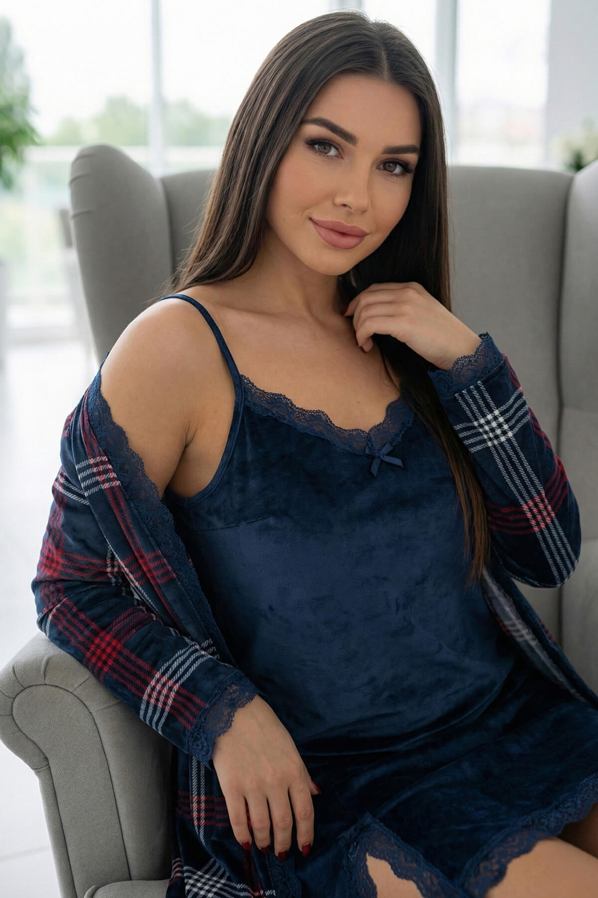 Lacivert Plaid Exclusive Kadife Sabahlıklı Gecelik Kadın Pijama Takımı - Pijamaevi