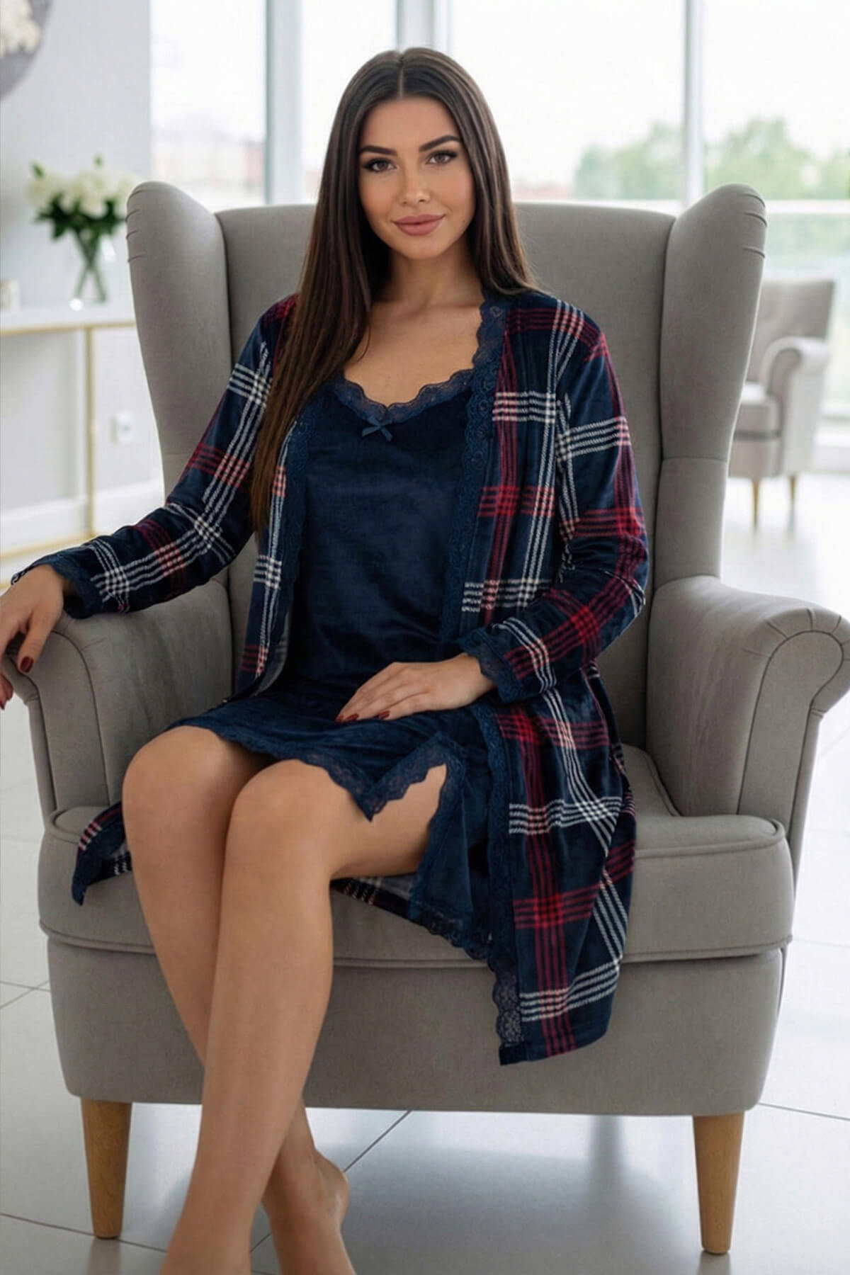 Lacivert Plaid Exclusive Kadife Sabahlıklı Gecelik Kadın Pijama Takımı - Pijamaevi (2)