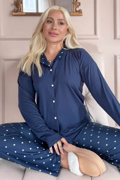 Lacivert Puan Desenli Bambu Önden Düğmeli Uzun Kol Kadın Pijama Takımı - 1