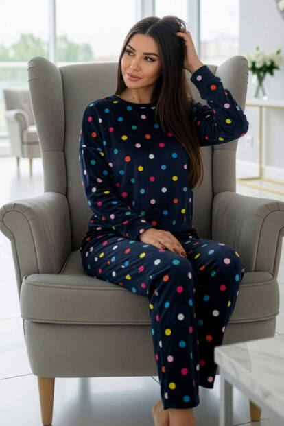 Lacivert Puan Desenli Veloura Soft Kadın Pijama Takımı  - 2