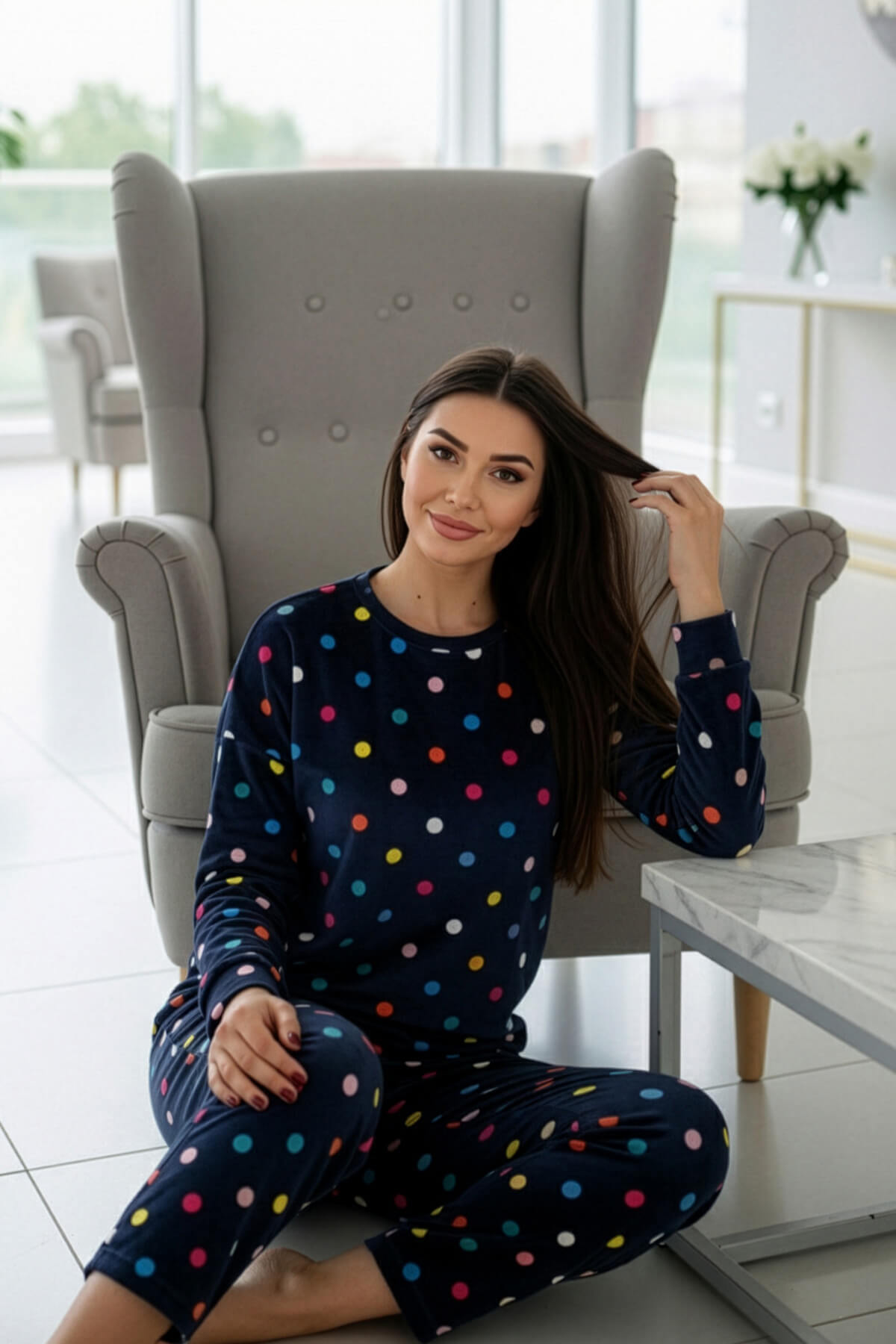 Lacivert Puan Desenli Veloura Soft Kadın Pijama Takımı  - Pijamaevi (2)