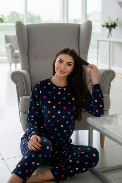 Lacivert Puan Desenli Veloura Soft Kadın Pijama Takımı  - 3