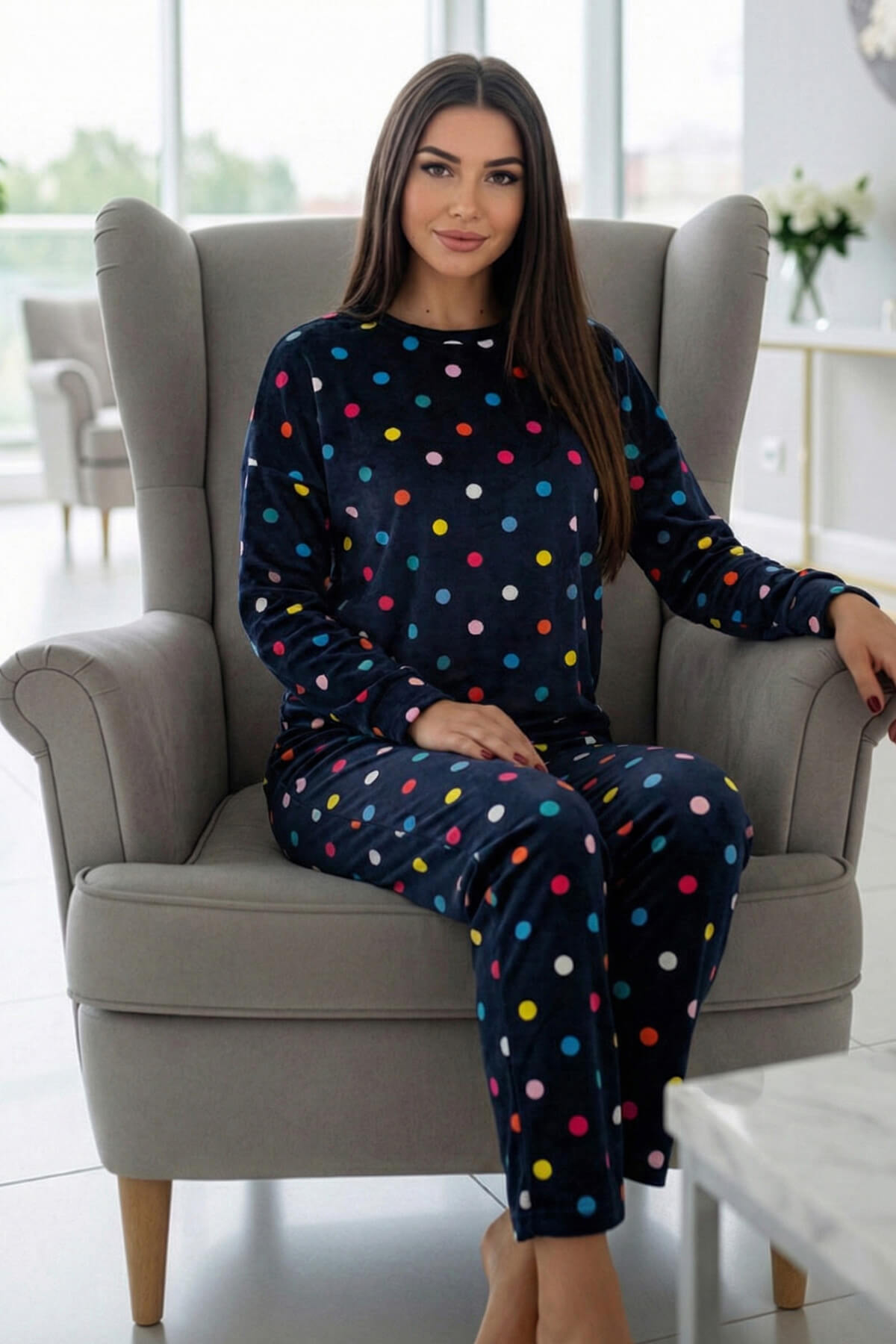 Lacivert Puan Desenli Veloura Soft Kadın Pijama Takımı  - Pijamaevi (3)