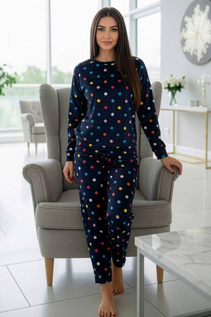 Lacivert Puan Desenli Veloura Soft Kadın Pijama Takımı  - 5